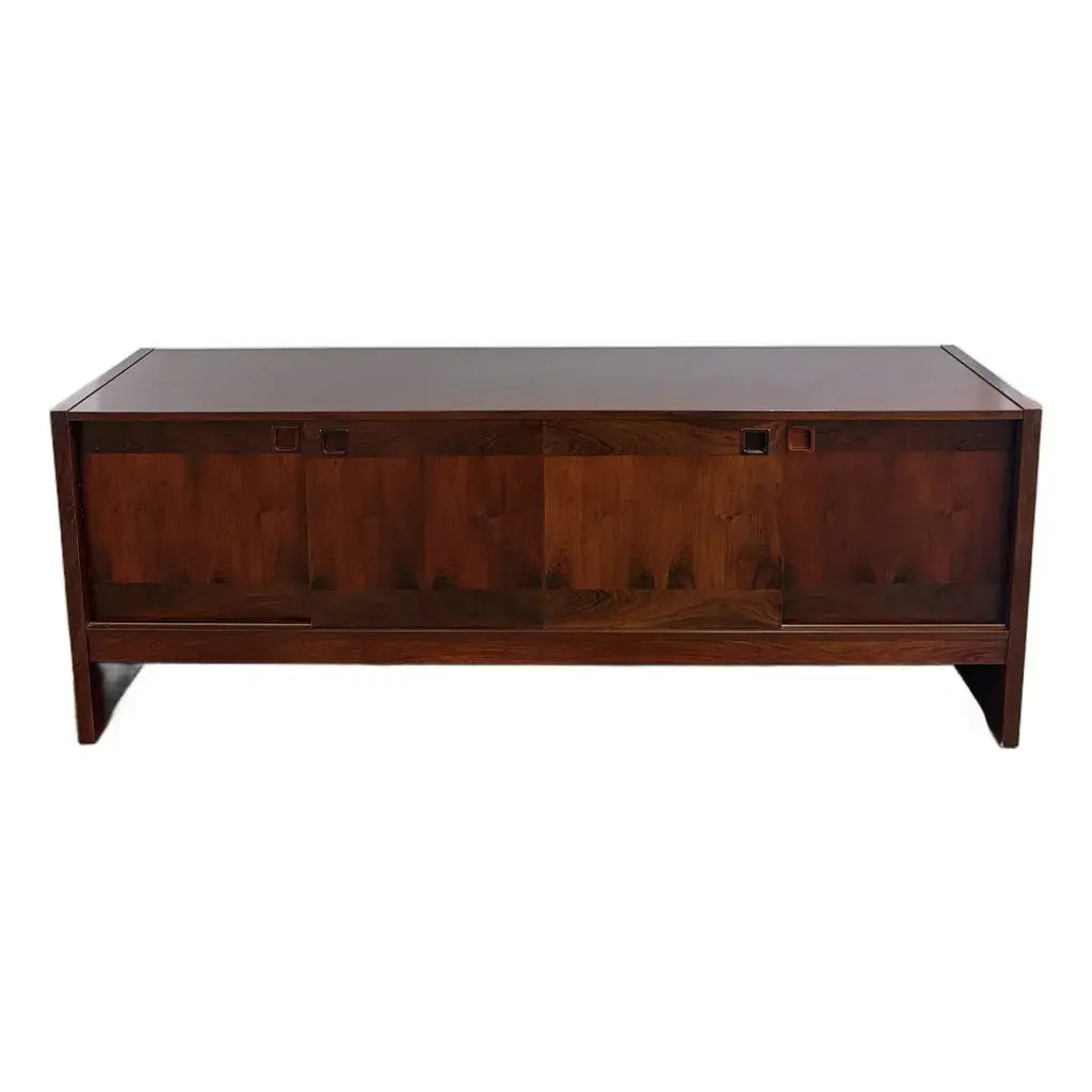 Danish Modern rosewood sliding-door credenza, full front view with recessed square pulls