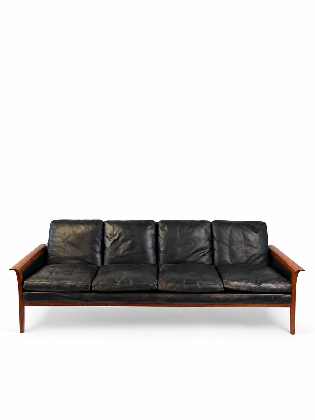 Rosewood and black leather sofa cataloged as Hans Olson, full front view