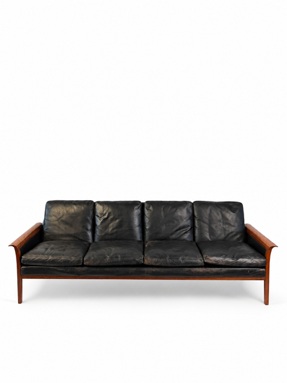 Rosewood and black leather sofa cataloged as Hans Olson, full front view
