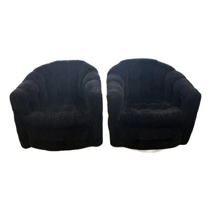 1973 Thayer Coggin Black Chenille Swivel Lounge Chairs — Pair