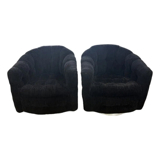 1973 Thayer Coggin Black Chenille Swivel Lounge Chairs — Pair