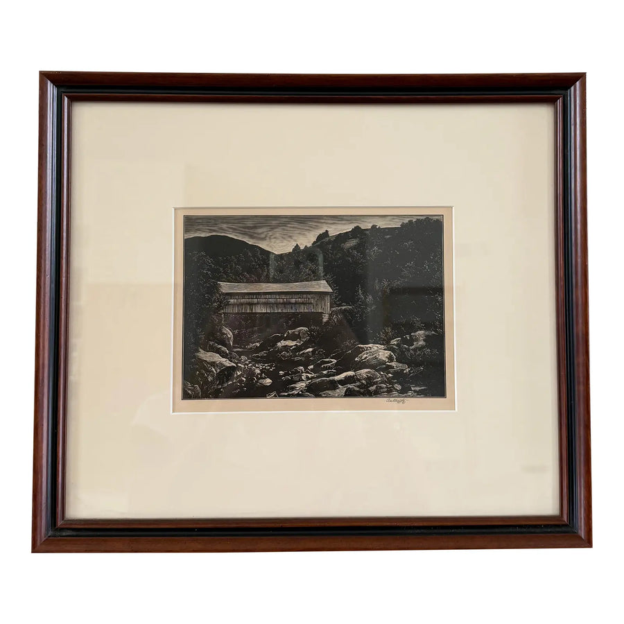 Asa Cheffetz “Covered Bridge – Vermont” — Signed Wood Engraving, Circa 1945