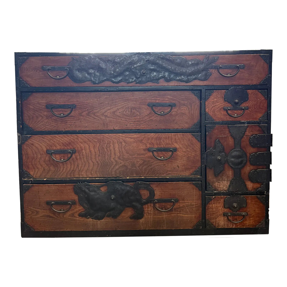 Japanese Meiji-Period Tansu Chest with Dragon and Shishi Ironwork