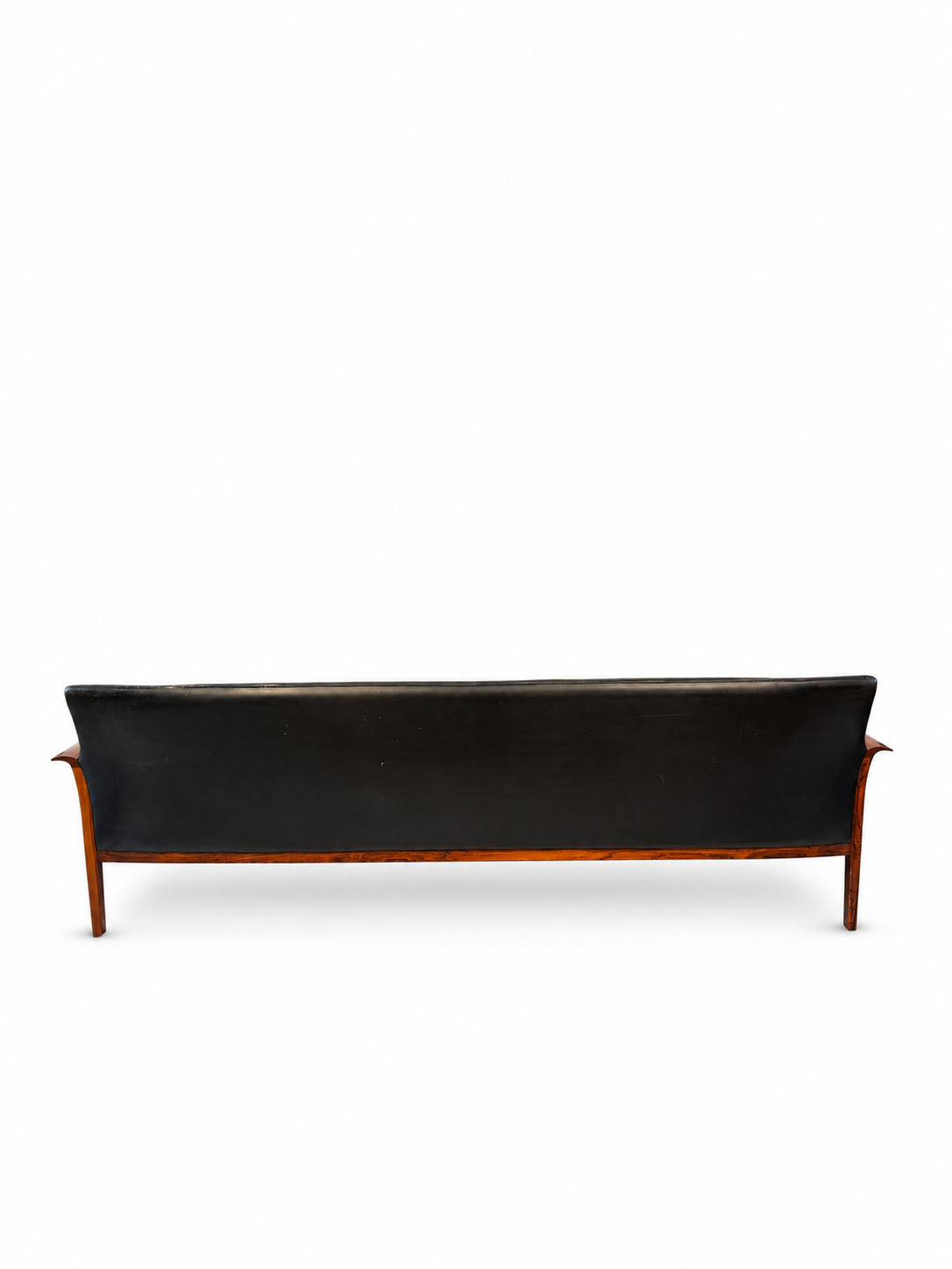 Rear view of the rosewood and black leather sofa