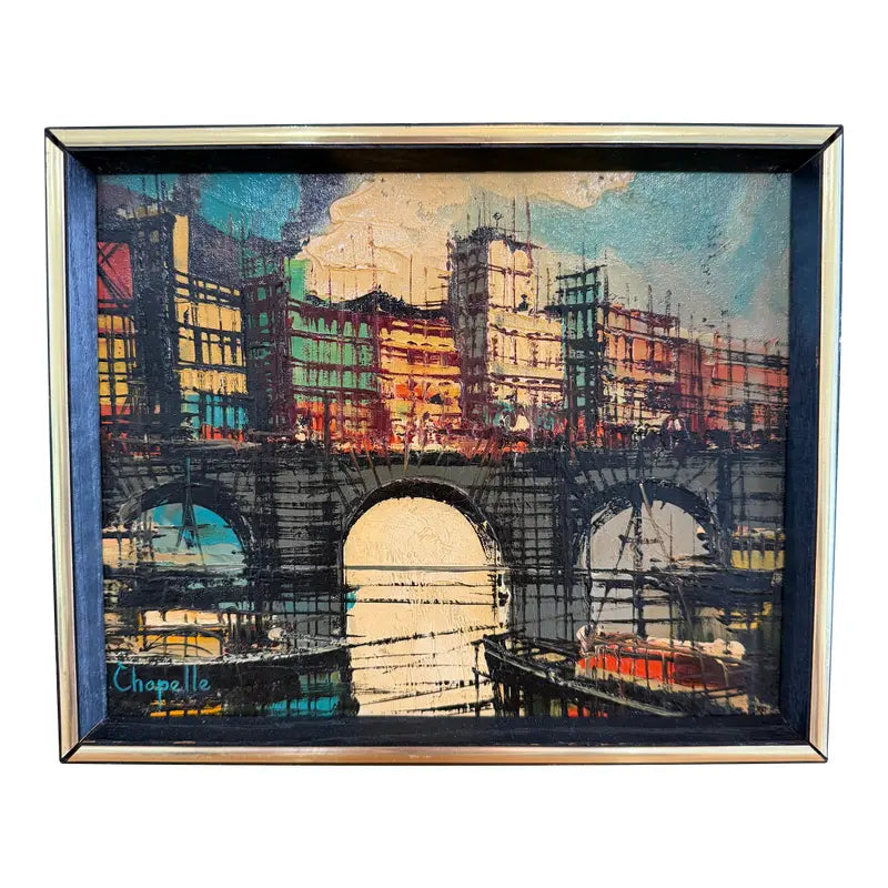 Signed Chapelle European Canal Cityscape Oil Painting — full view