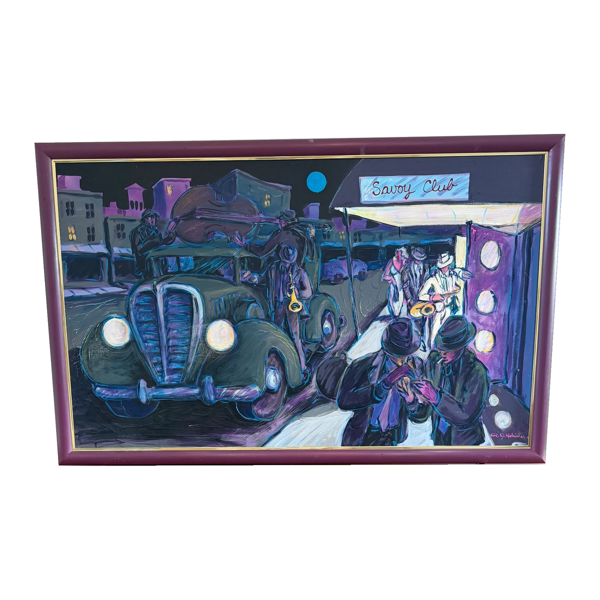 R.J. Hohimer Savory Club painting, framed front view of jazz musicians and vintage automobile, on white background