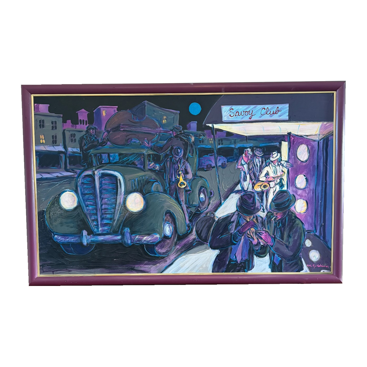 R.J. Hohimer Savory Club oil painting, full framed composition, on white background