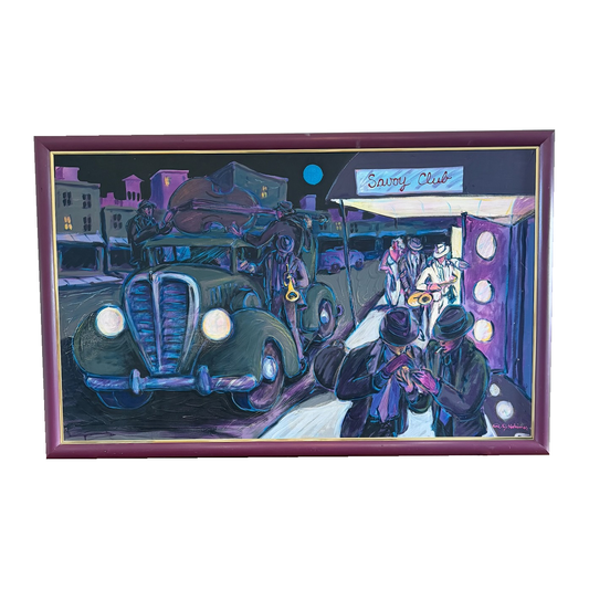 R.J. Hohimer Savory Club oil painting, full framed composition, on white background