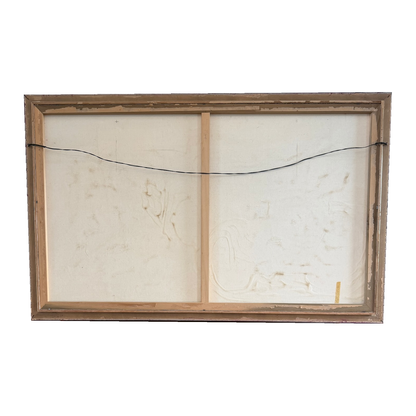 Reverse of the Hohimer painting showing canvas, stretcher bars and hanging wire, on white background