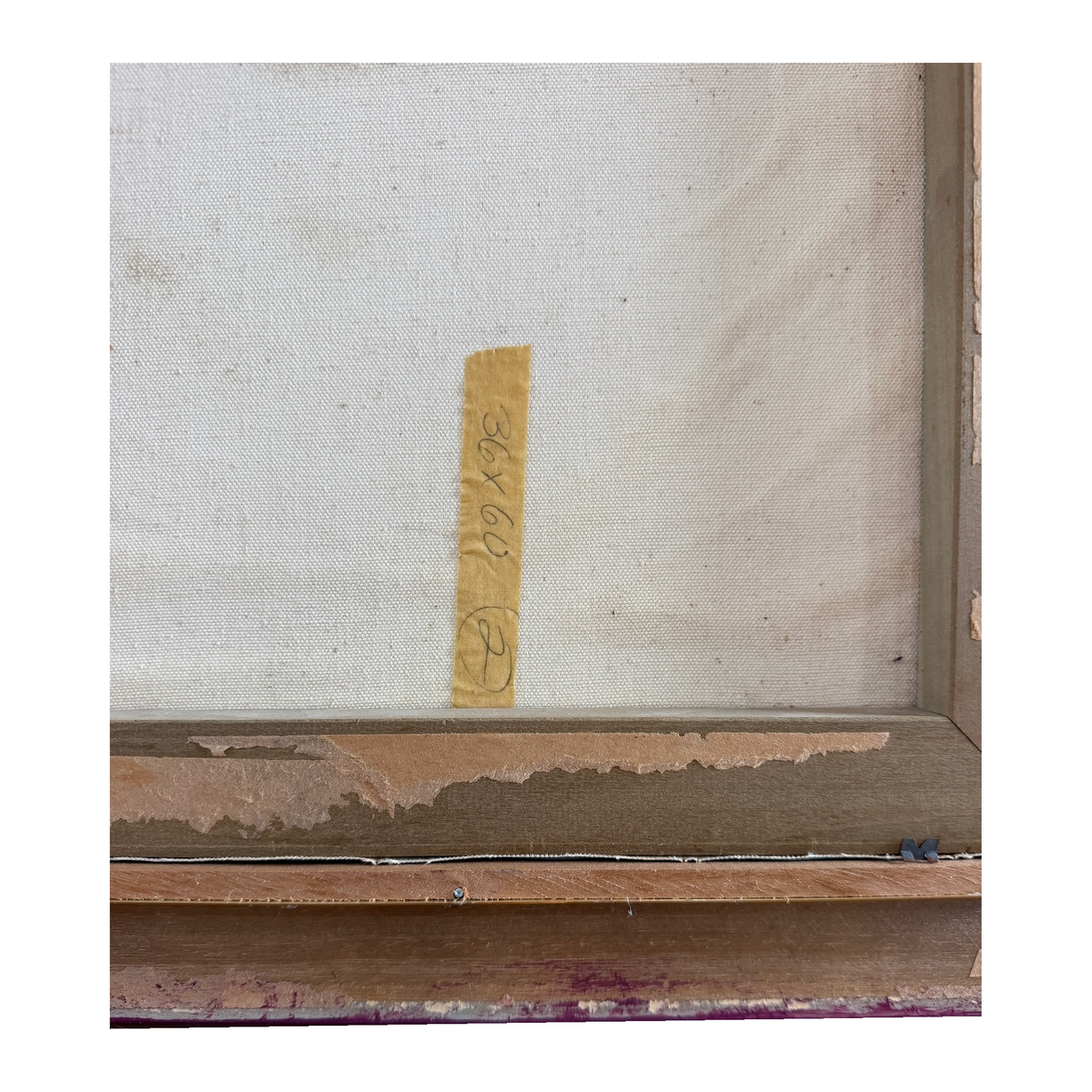 Hohimer painting reverse, frame edge and paper label detail, on white background