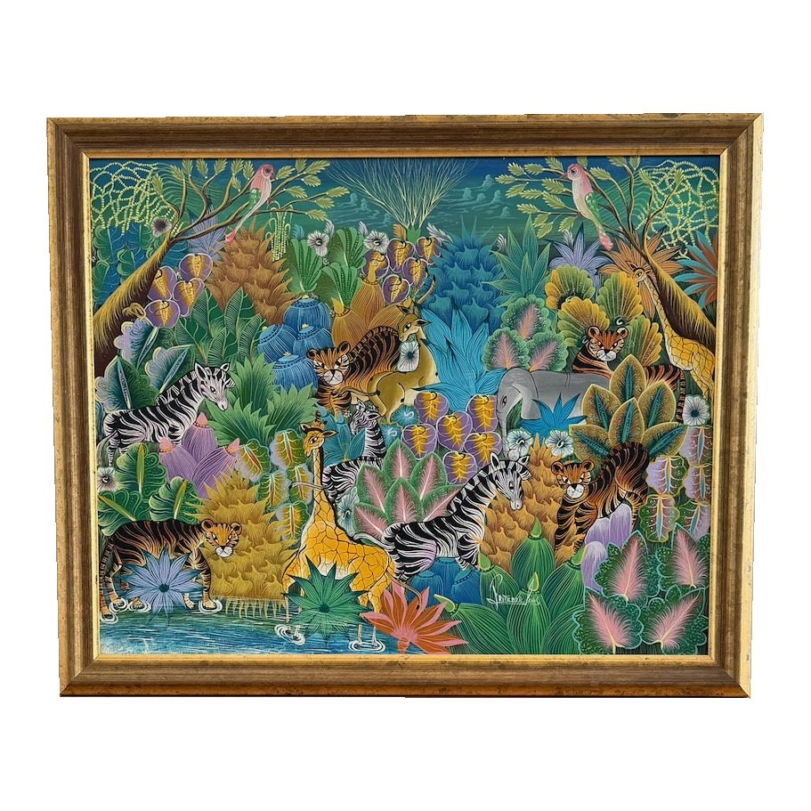 Fritzner Louis jungle painting in gilt-finished frame, full front view, on white background
