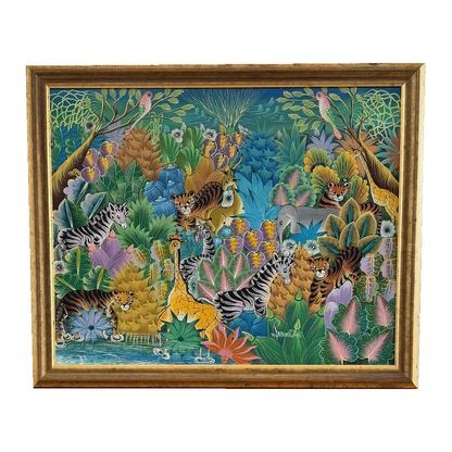 Fritzner Louis jungle painting in gilt-finished frame, full front view, on white background