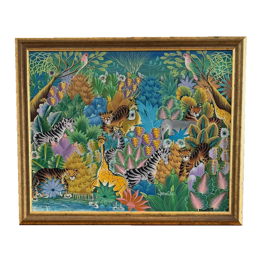Fritzner Louis jungle painting in gilt-finished frame, full front view, on white background