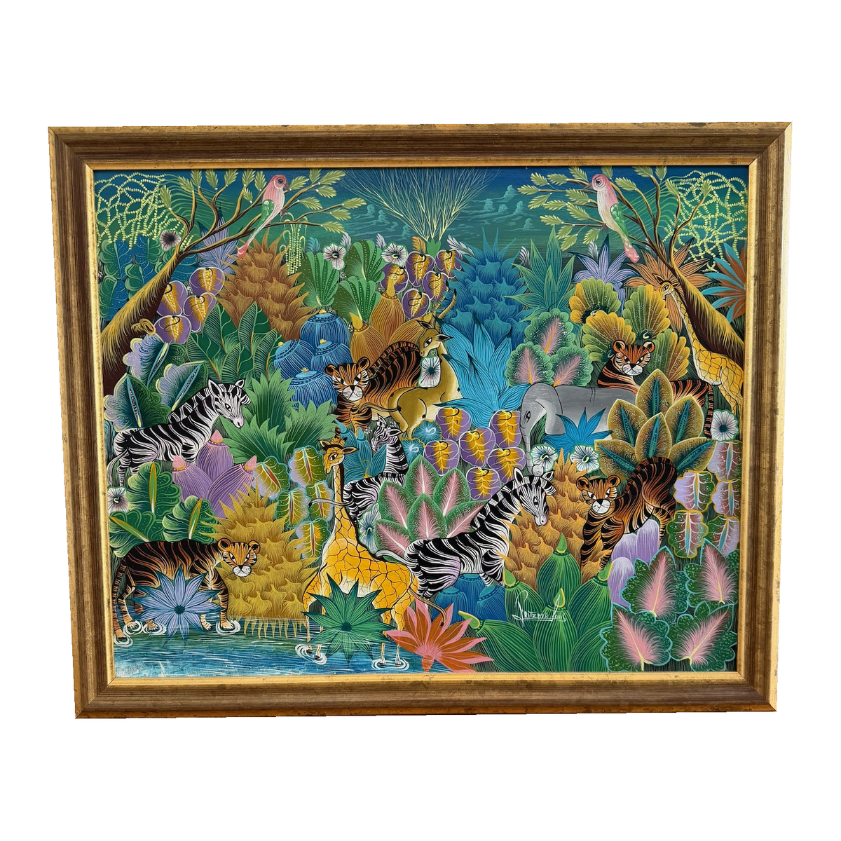 Fritzner Louis jungle painting, closer view of the framed composition, on white background