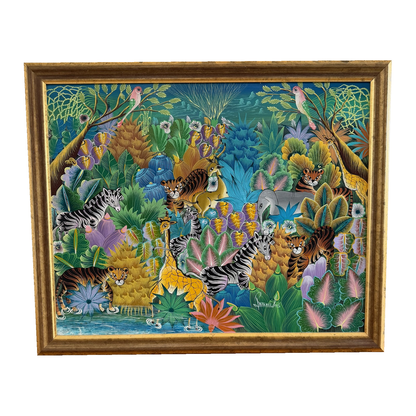 Fritzner Louis jungle painting, closer view of the framed composition, on white background