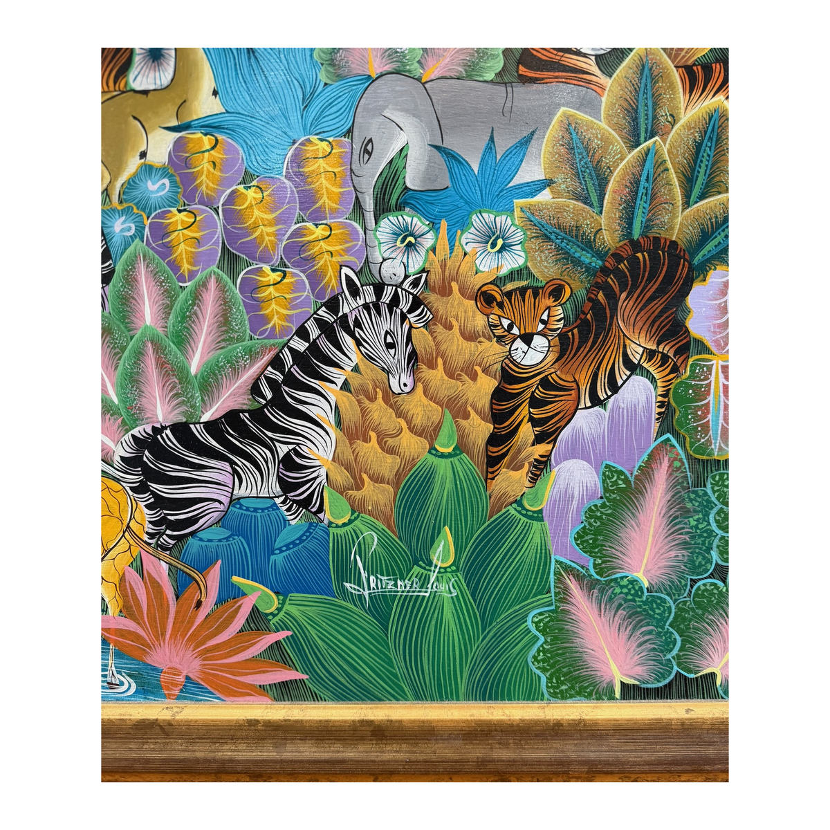 Fritzner Louis jungle painting, detail of animals, foliage and lower edge, on white background