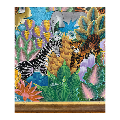 Fritzner Louis jungle painting, detail of animals, foliage and lower edge, on white background