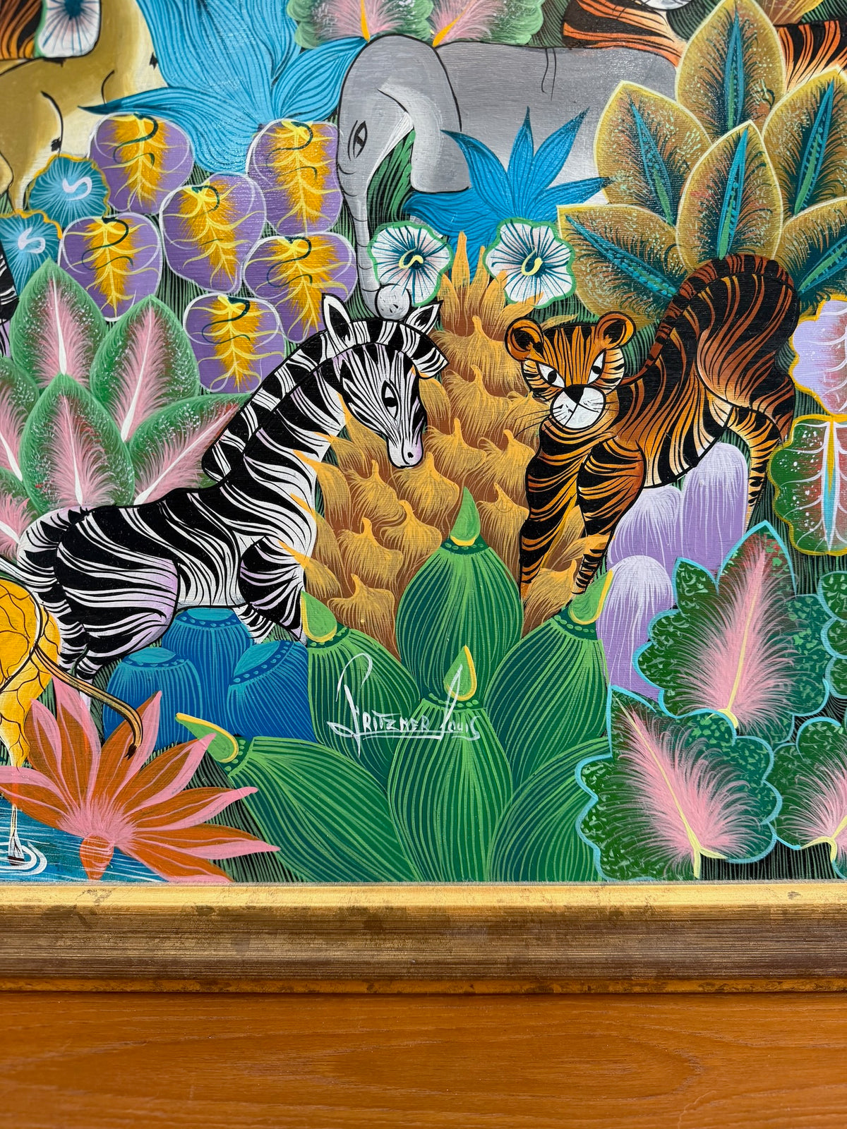 Fritzner Louis jungle painting, detail of animals, foliage and lower edge