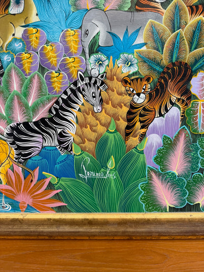 Fritzner Louis jungle painting, detail of animals, foliage and lower edge
