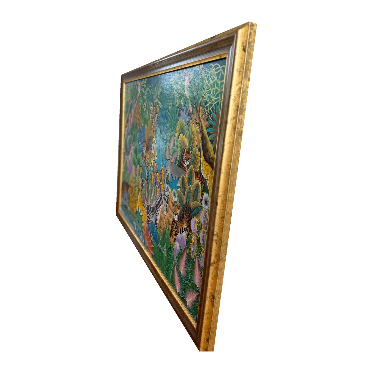Angled view of the Fritzner Louis painting showing the frame profile, on white background