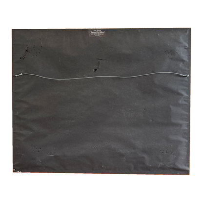 Reverse of the Fritzner Louis painting showing backing paper and hanging wire, on white background