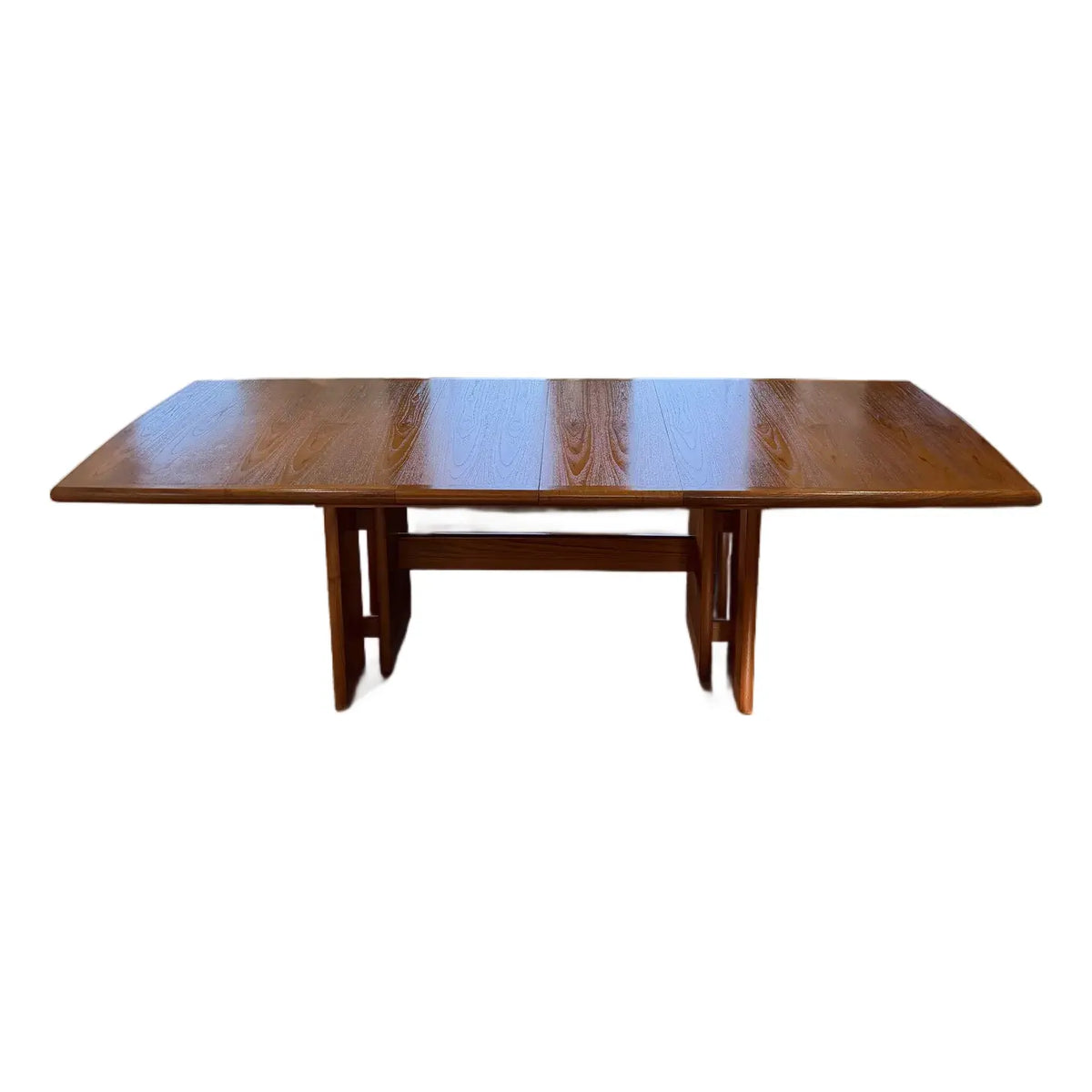 Teak expanding dining table, full view on white background