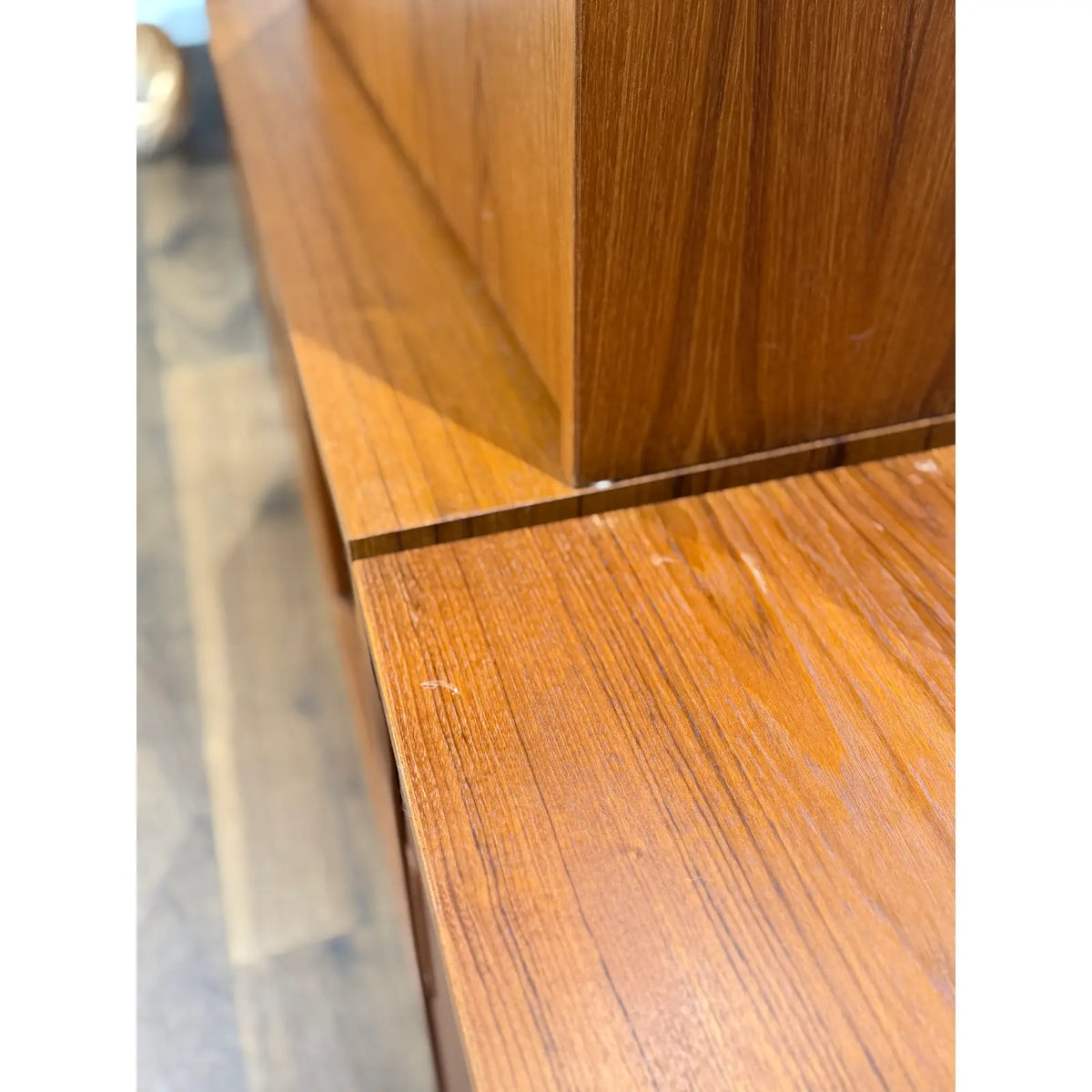 Hundevad teak wall unit with secretary, junction of upper and lower sections with surface wear