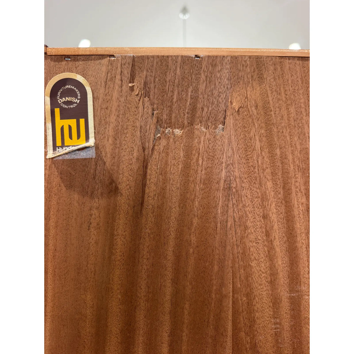 Hundevad teak wall unit with secretary, rear label beside peeling and surface loss