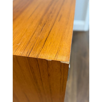 Hundevad teak wall unit with secretary, cabinet corner and edge wear detail